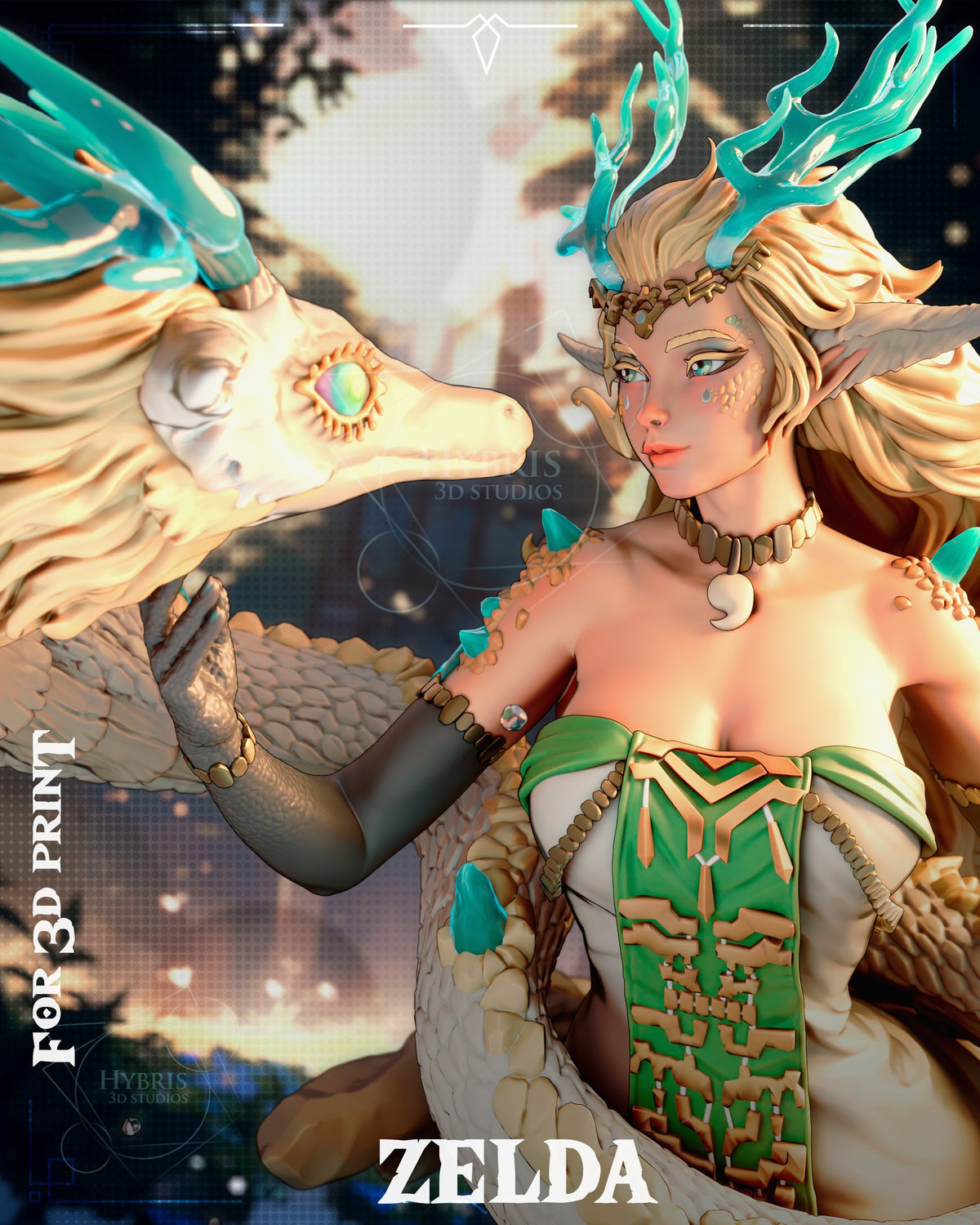 Sculptor's render (kit ships unpainted): the princess with crystal antlers and gold diadem facing the dragon's head, the coiled dragon around her
