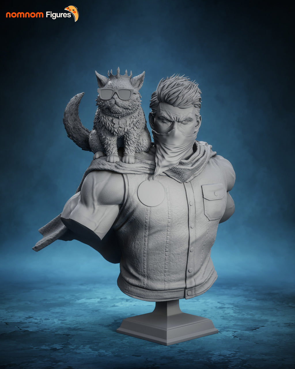 Sculptor's render of the painted design (kit ships unpainted): the bust in unpainted gray, bandana over his face and the crowned cat in sunglasses on his shoulder, on a stepped plinth