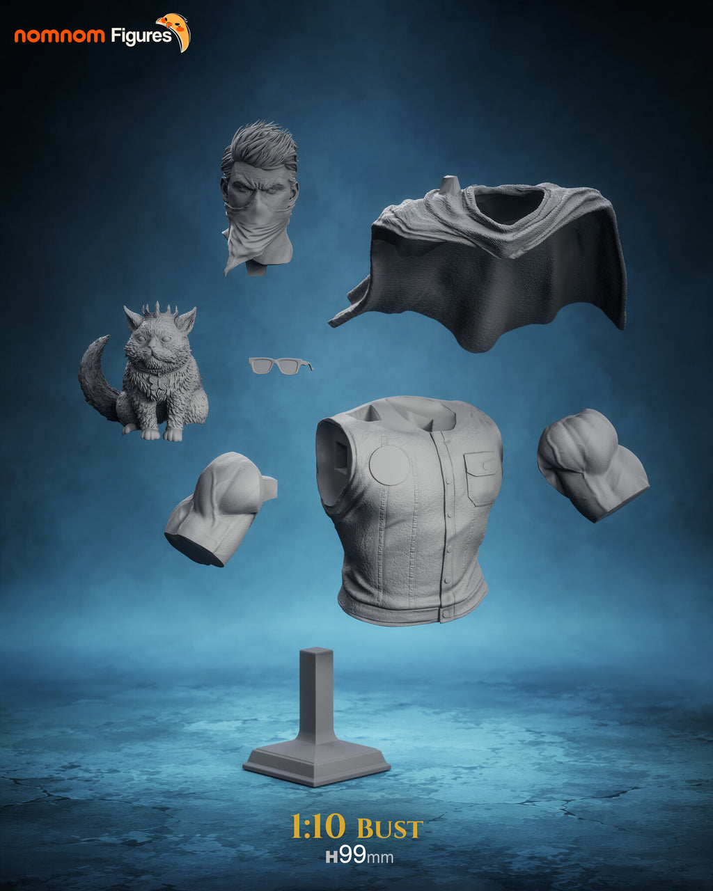 Studio scale and parts sheet (kit ships unpainted): the bust's parts laid out, head, cat, sunglasses, mantle, vest torso, two shoulder pieces and one plinth, with the studio's height of 99 mm