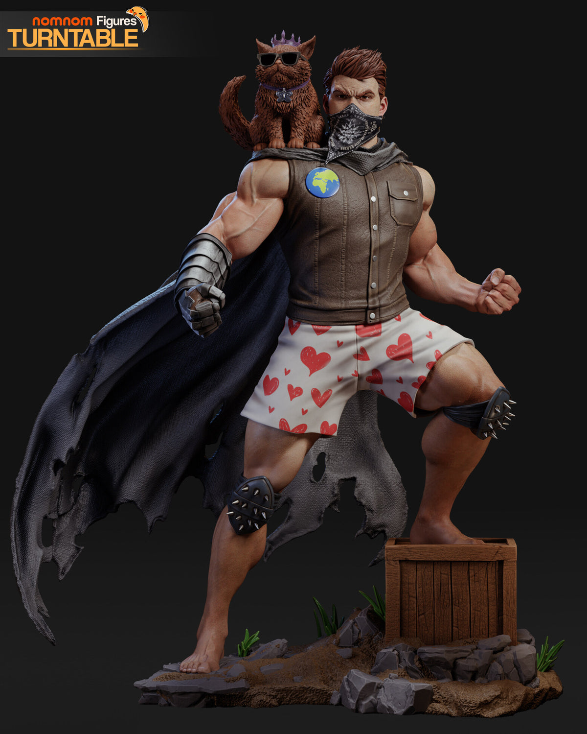 Sculptor's render (kit ships unpainted): the painted design, front view of the brawler with one foot on the crate, the crowned cat on his shoulder and the torn cape behind him; the miniature is the same sculpt at 84 mm tall