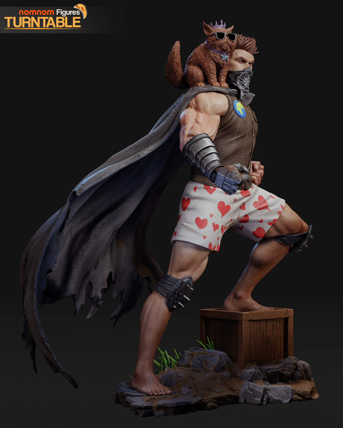 Sculptor's render (kit ships unpainted): the painted design in three-quarter view with the steel gauntlet fist and the spiked knee pads; the miniature is the same sculpt at 84 mm tall