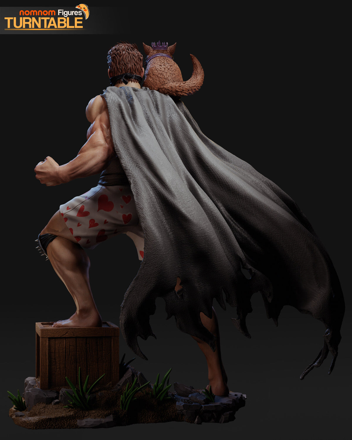 Sculptor's render (kit ships unpainted): the painted design from the rear, the long torn cape and the cat's curled tail; the miniature is the same sculpt at 84 mm tall