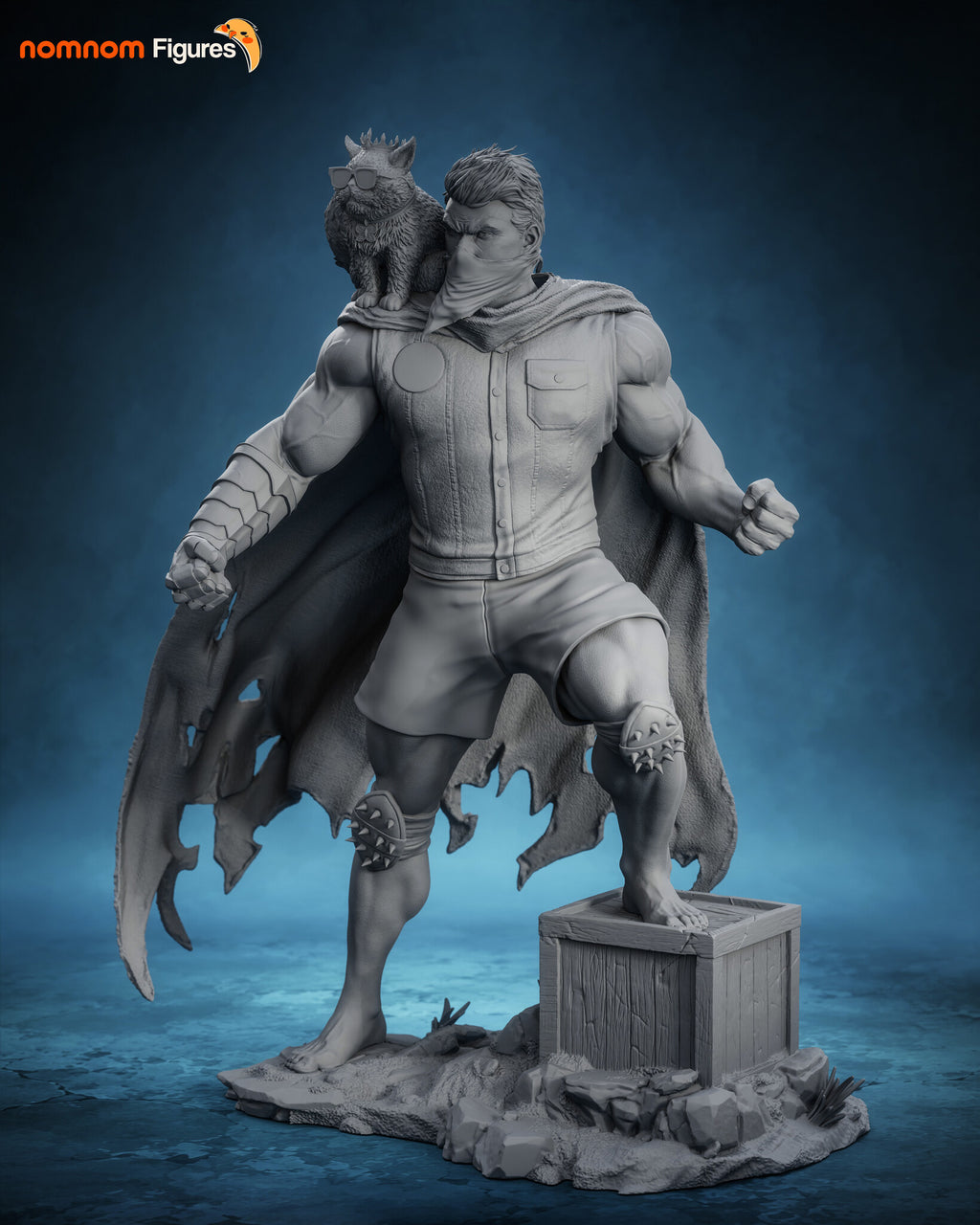 Sculptor's render (kit ships unpainted): gray front view of the full 1:10 figure on the rock and crate base