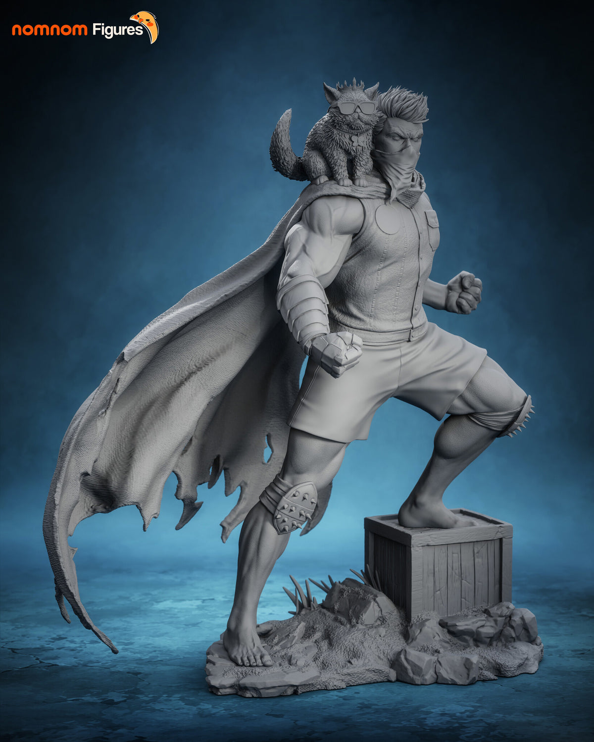 Sculptor's render (kit ships unpainted): gray three-quarter view with the torn cape spreading out to one side