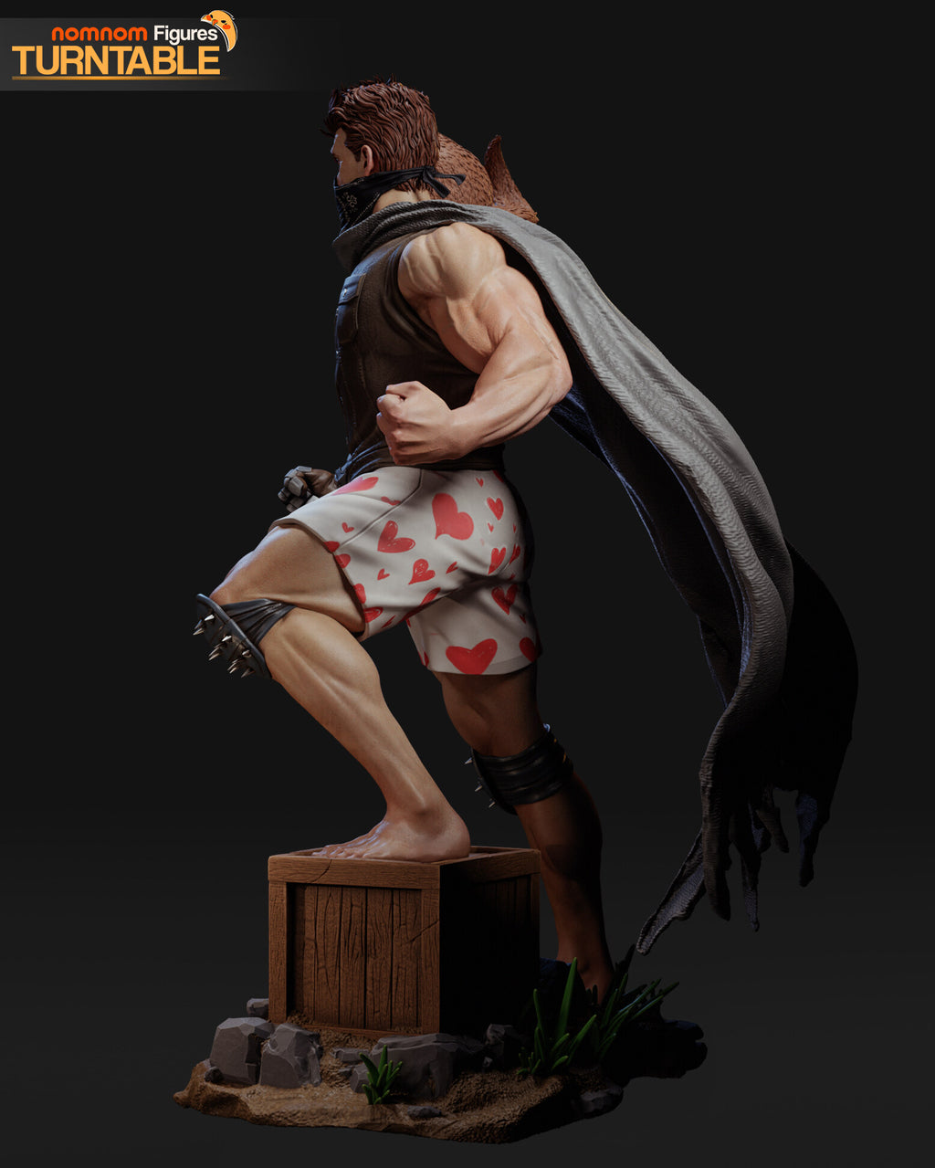 Sculptor's render (kit ships unpainted): painted side view of the raised leg on the crate and the cape sweeping back