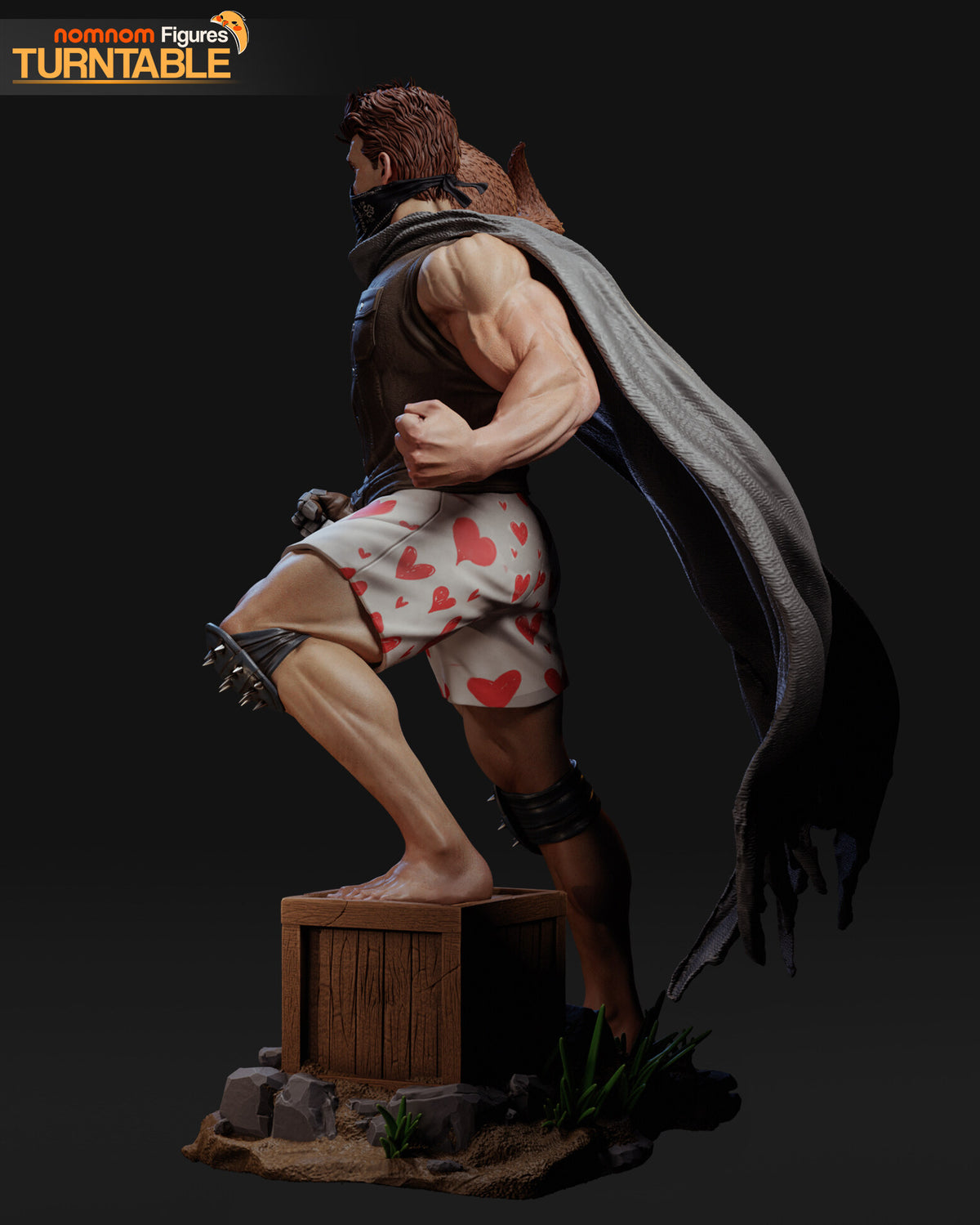 Sculptor's render (kit ships unpainted): painted side view of the raised leg on the crate and the cape sweeping back