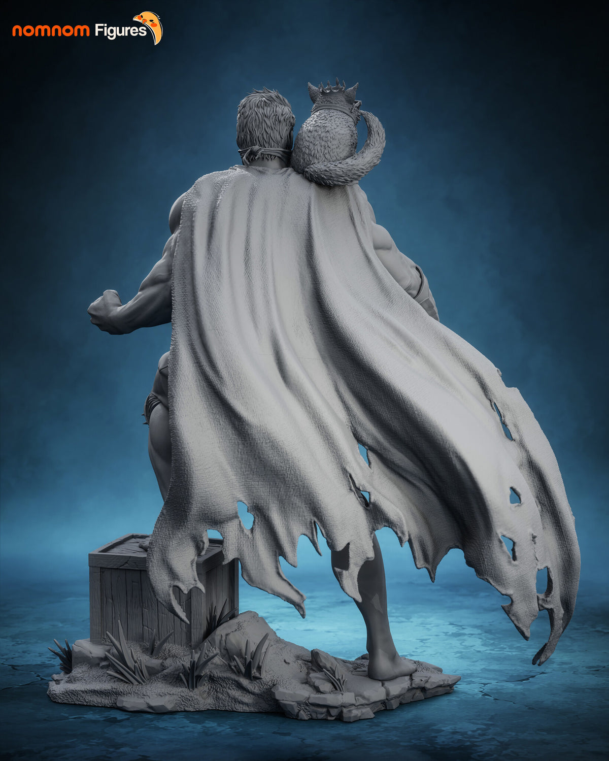 Sculptor's render (kit ships unpainted): gray rear view showing the woven texture and ragged holes in the cape