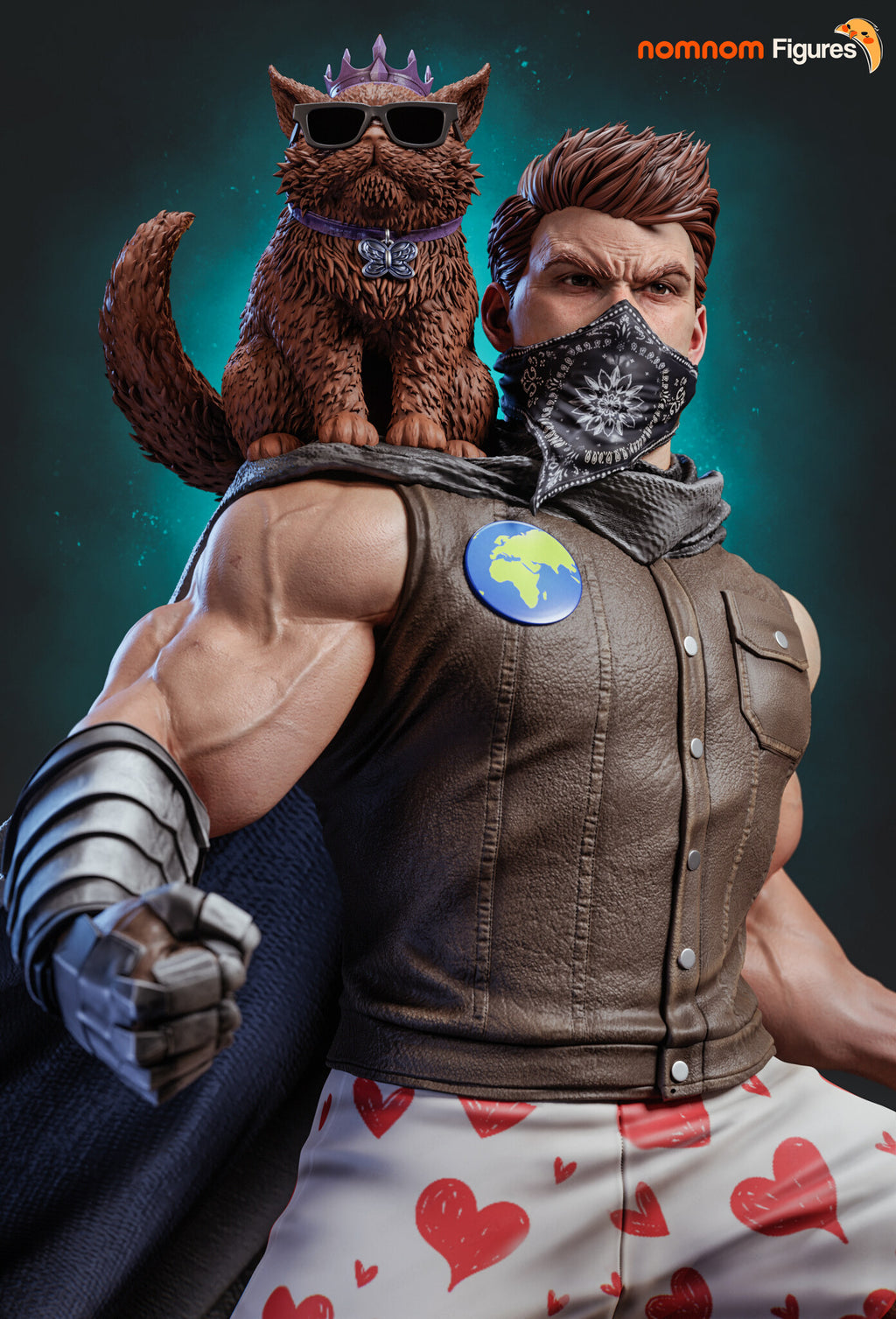 Sculptor's render (kit ships unpainted): painted upper body with the paisley bandana, the globe pin on the vest and the crowned cat on his shoulder