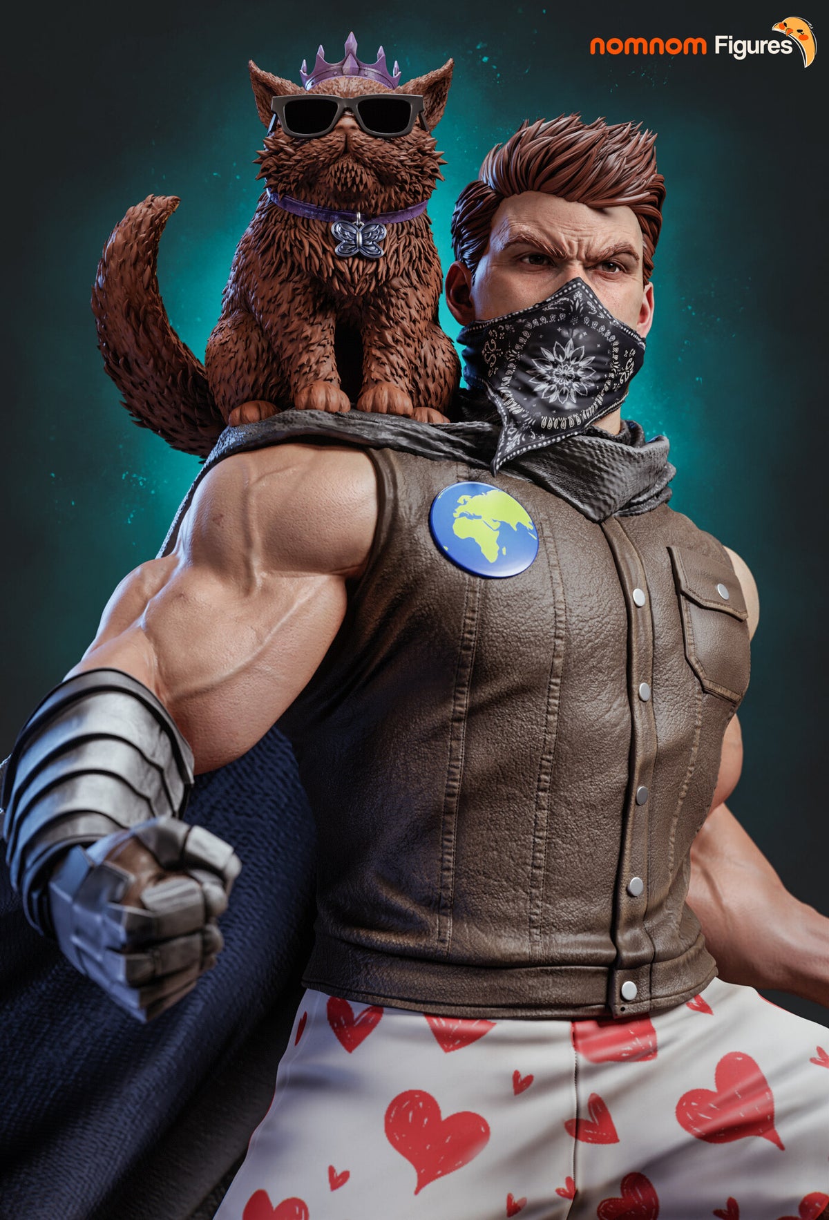 Sculptor's render (kit ships unpainted): painted upper body with the paisley bandana, the globe pin on the vest and the crowned cat on his shoulder