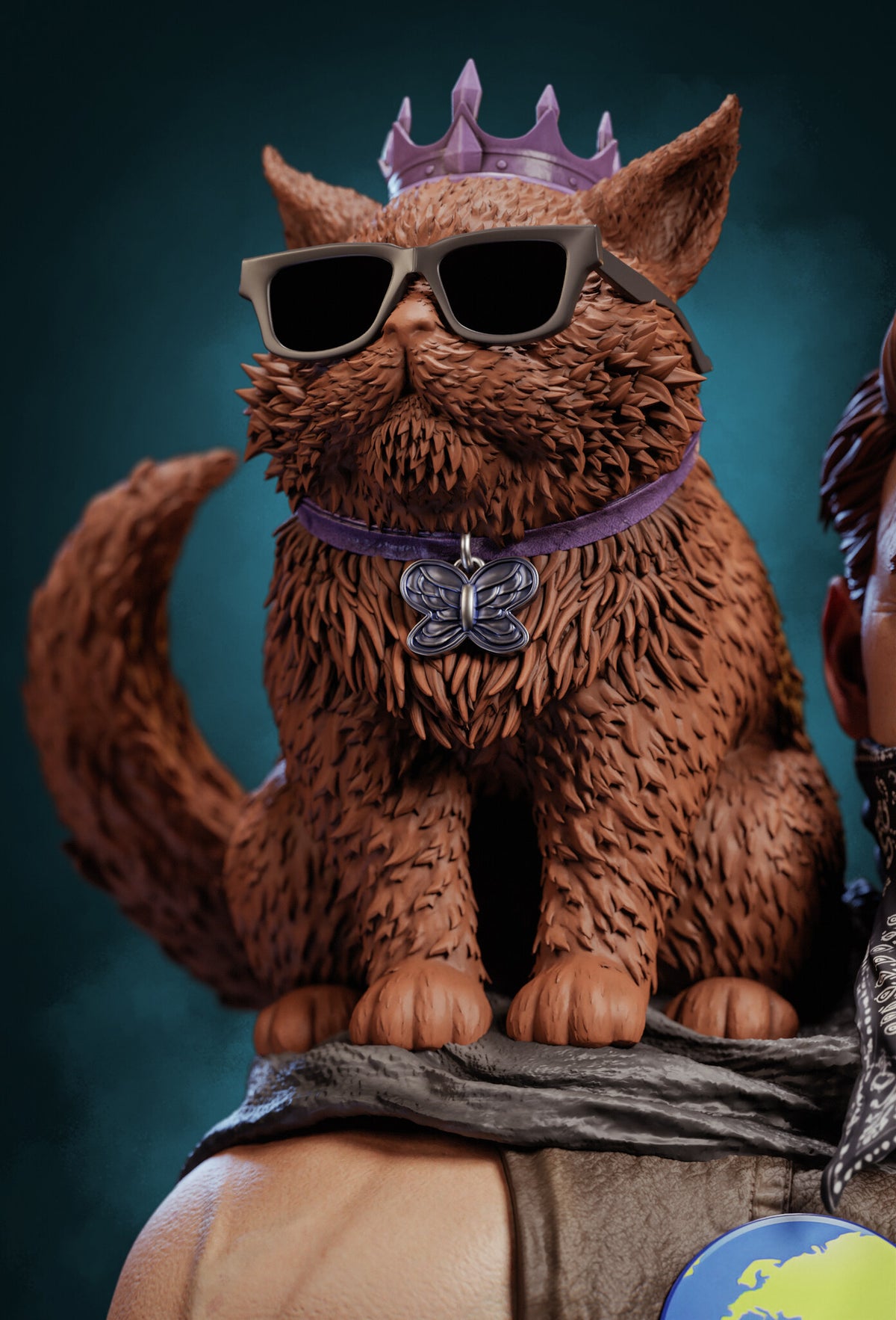 Sculptor's render (kit ships unpainted): close-up of the cat with black sunglasses, a purple spiked crown and a butterfly charm on her collar