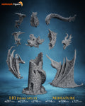 Studio scale and parts sheet (kit ships unpainted): the studio's sizes for this design, the miniature at 114 mm tall, 104 mm wide and 121 mm long, beside the larger 1:10 version, whose parts are the ones laid out