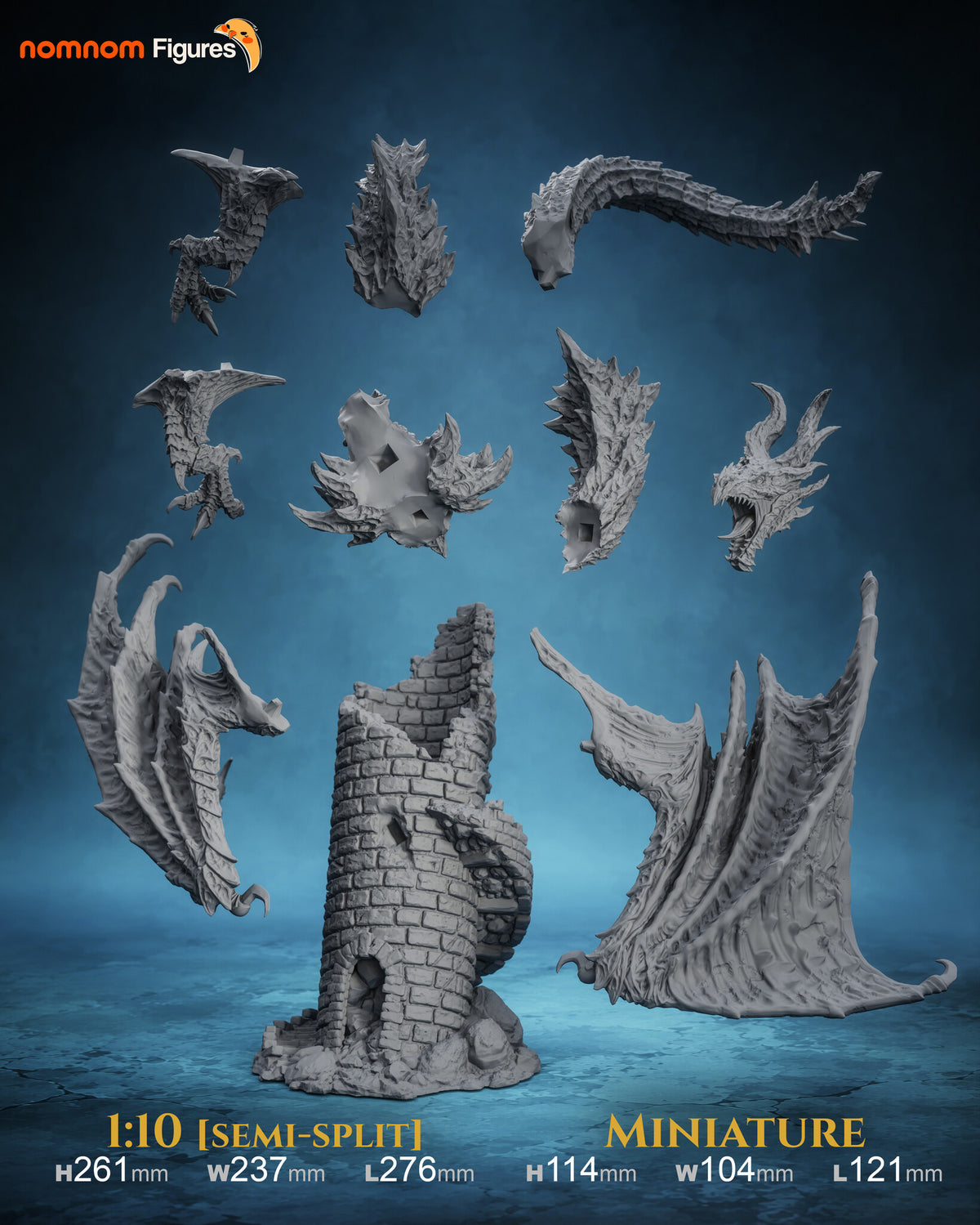 Studio scale and parts sheet (kit ships unpainted): the studio's sizes for this design, the miniature at 114 mm tall, 104 mm wide and 121 mm long, beside the larger 1:10 version, whose parts are the ones laid out