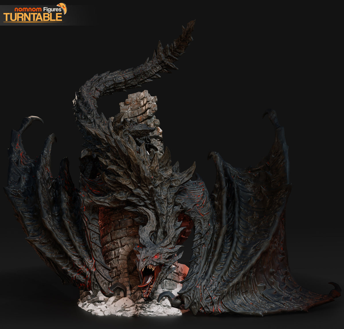 Sculptor's render (kit ships unpainted): the painted design, front view of the black dragon wrapped around the ruined stone tower, wings spread and tail arched overhead; the miniature is the same sculpt at 114 mm tall