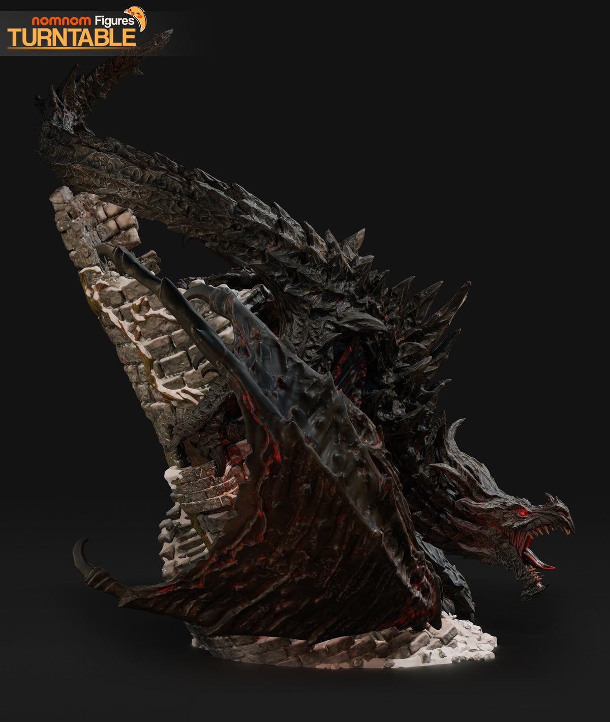 Sculptor's render (kit ships unpainted): side view with one wing laid open and the tail passing over the broken top of the tower
