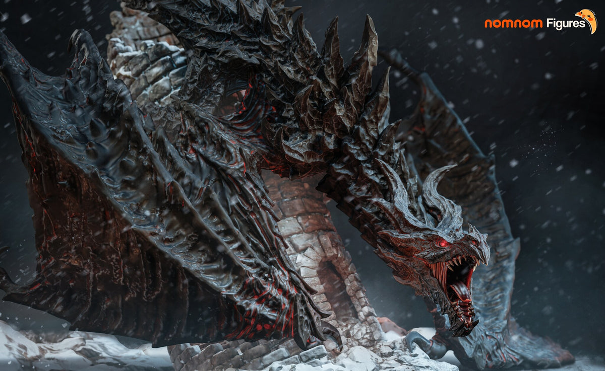 Sculptor's render (kit ships unpainted): low side view of the spread wing and spiked back in falling snow, jaws open