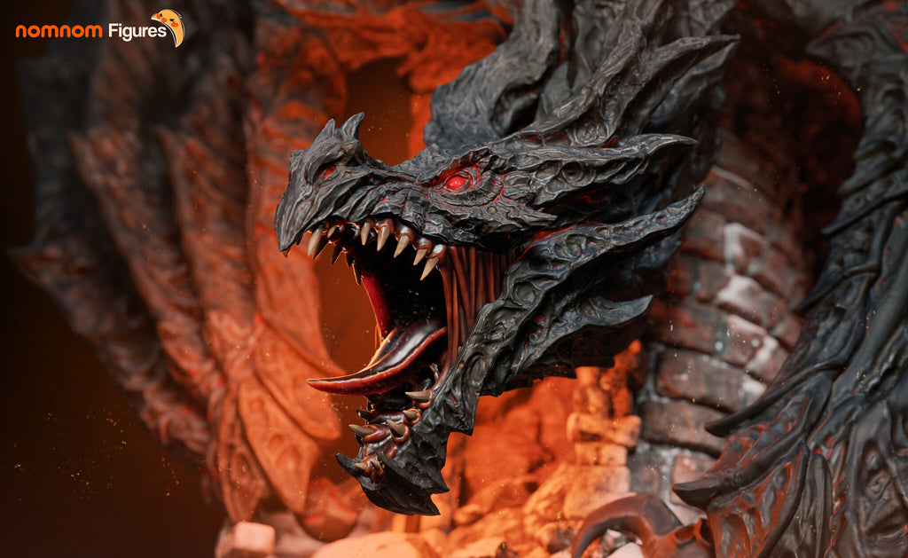 Sculptor's render (kit ships unpainted): close-up of the open-jawed head in profile with the horns and teeth