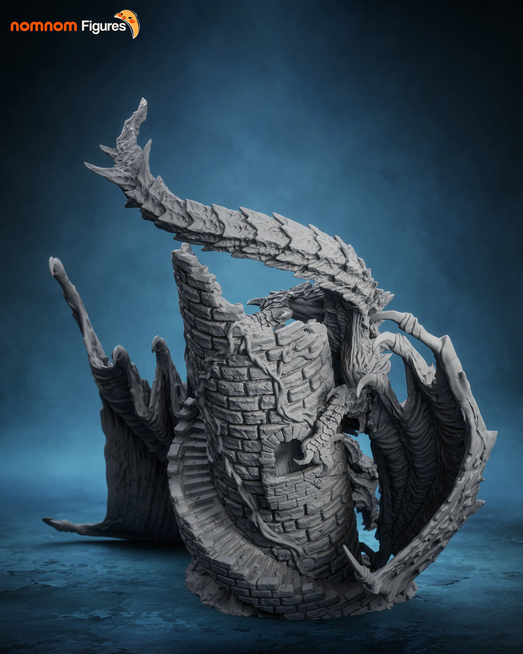 Sculptor's render (kit ships unpainted): unpainted gray rear view of the tower, stairs and doorway with the wings to either side