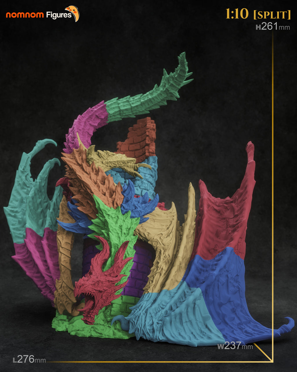 Studio scale and parts sheet (kit ships unpainted): the 1:10 split diorama color-coded by part, with the studio's size of 261 mm tall, 237 mm wide and 276 mm long
