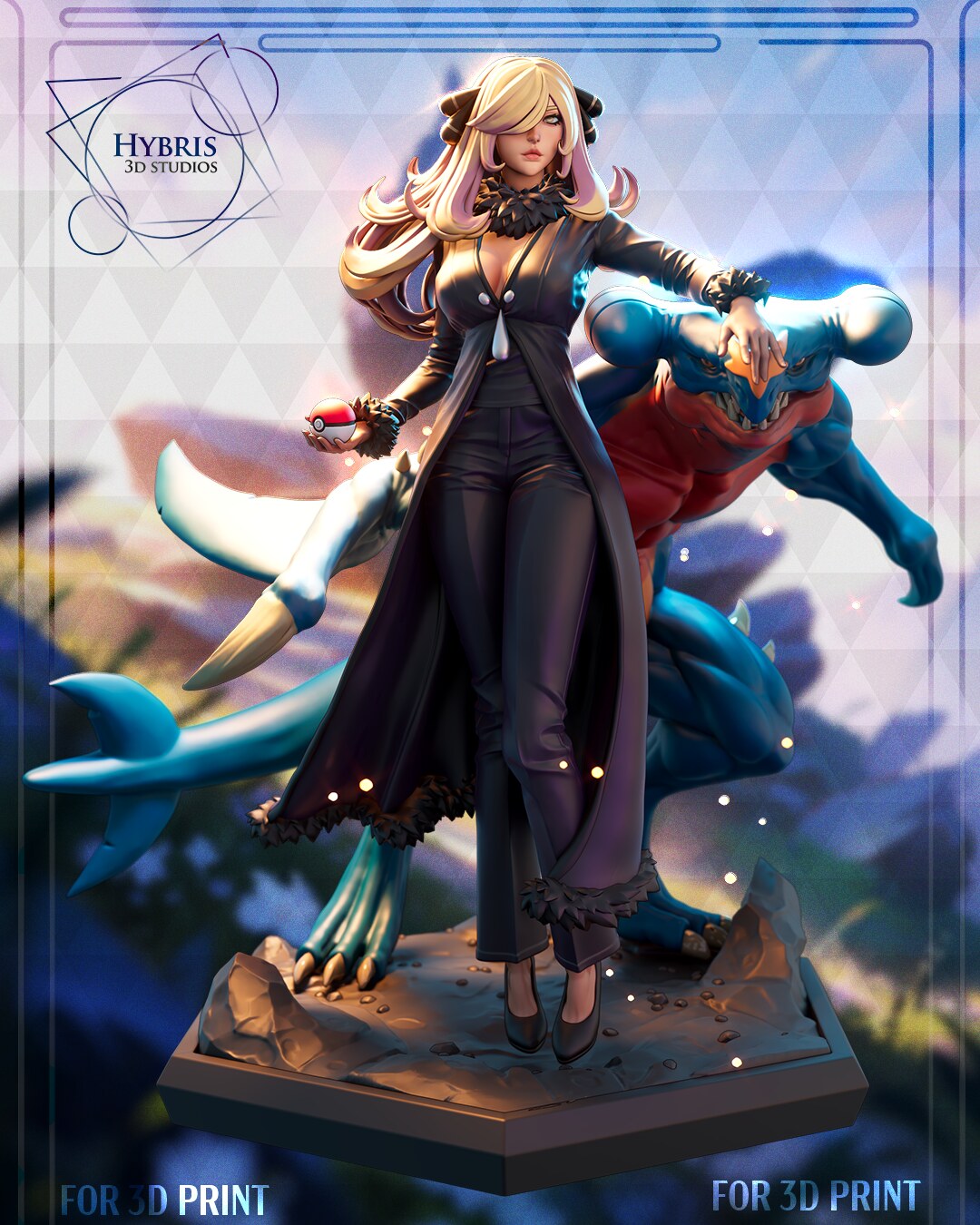Sculptor's render of the painted design (kit ships unpainted): front view of the blonde champion in a long black coat standing beside her crouching blue land-shark dragon on a hexagonal rock base