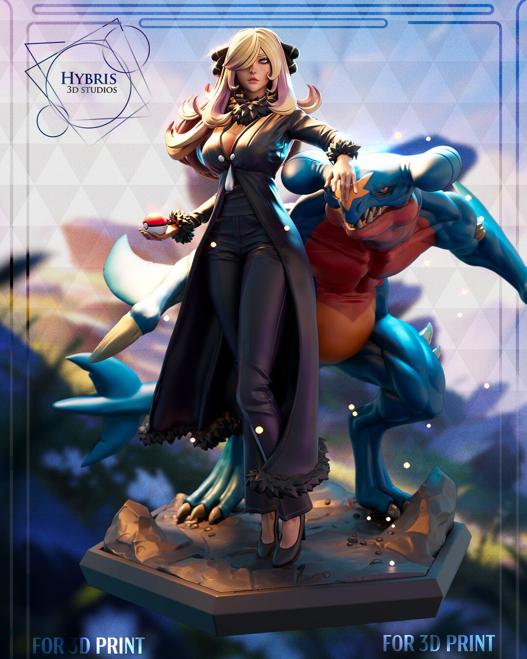 Sculptor's render (kit ships unpainted): front three-quarter view, her hand resting on the dragon's head and the capture ball in her other hand