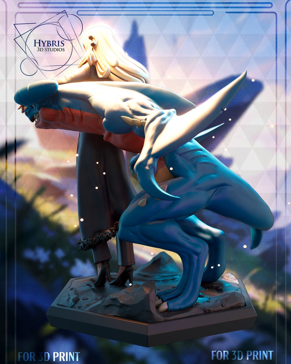 Sculptor's render (kit ships unpainted): rear view from behind her, the coat's fur hem and the dragon leaning in under her outstretched arm
