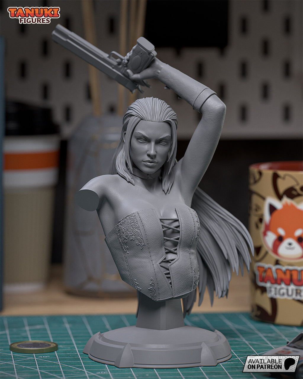 Sculptor's photo of their unpainted gray test print (kit ships unpainted): front view of the bust on its round base, one arm raised with a long pistol held overhead