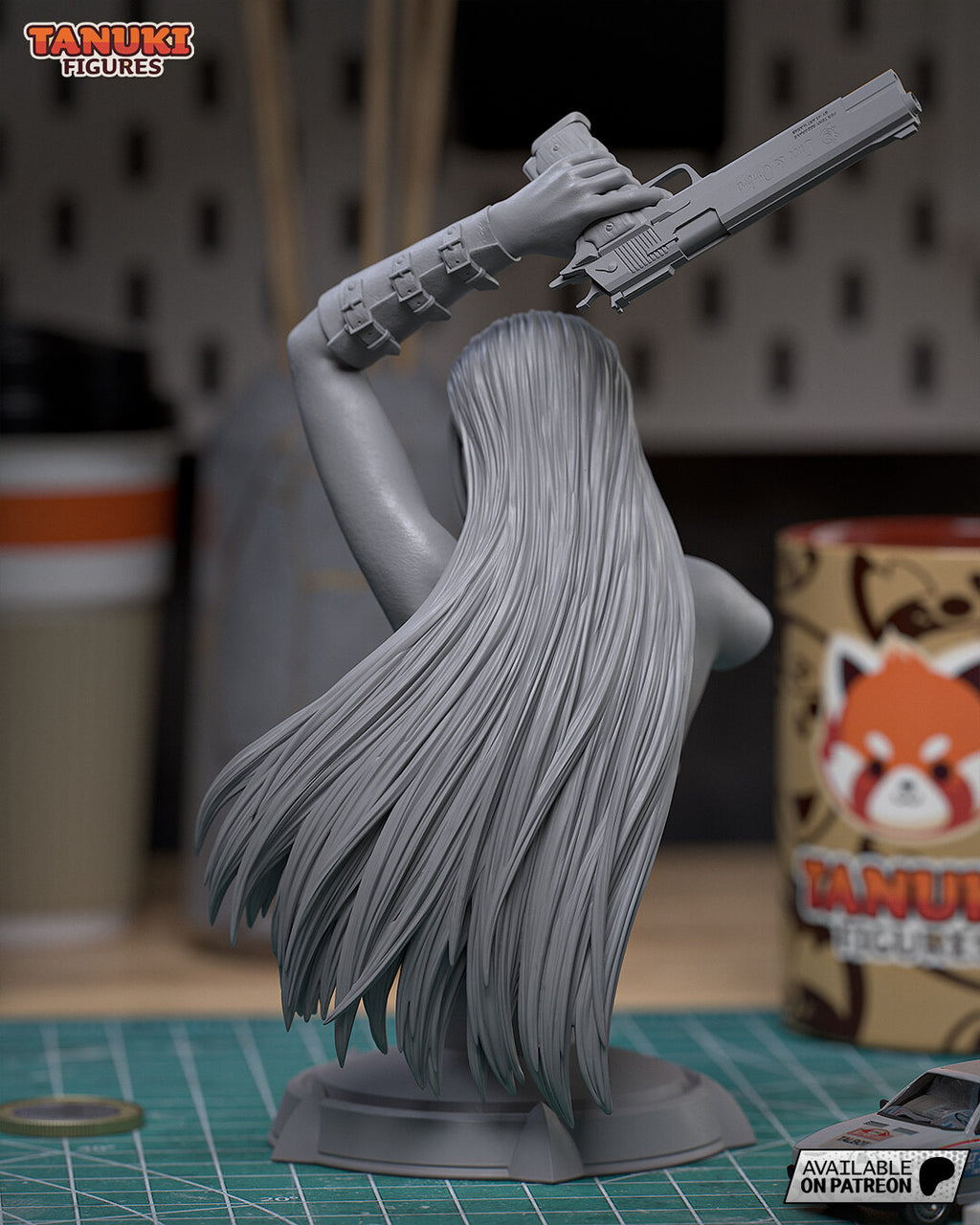 Sculptor's photo of their unpainted gray test print (kit ships unpainted): back view of the long straight hair and the strapped sleeve on the raised arm