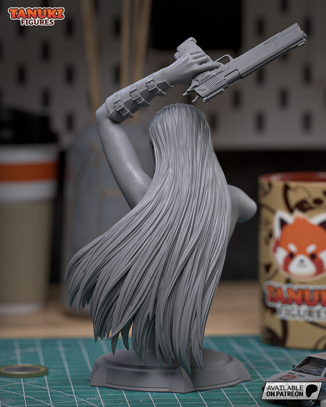 Sculptor's photo of their unpainted gray test print (kit ships unpainted): back view of the long straight hair and the strapped sleeve on the raised arm
