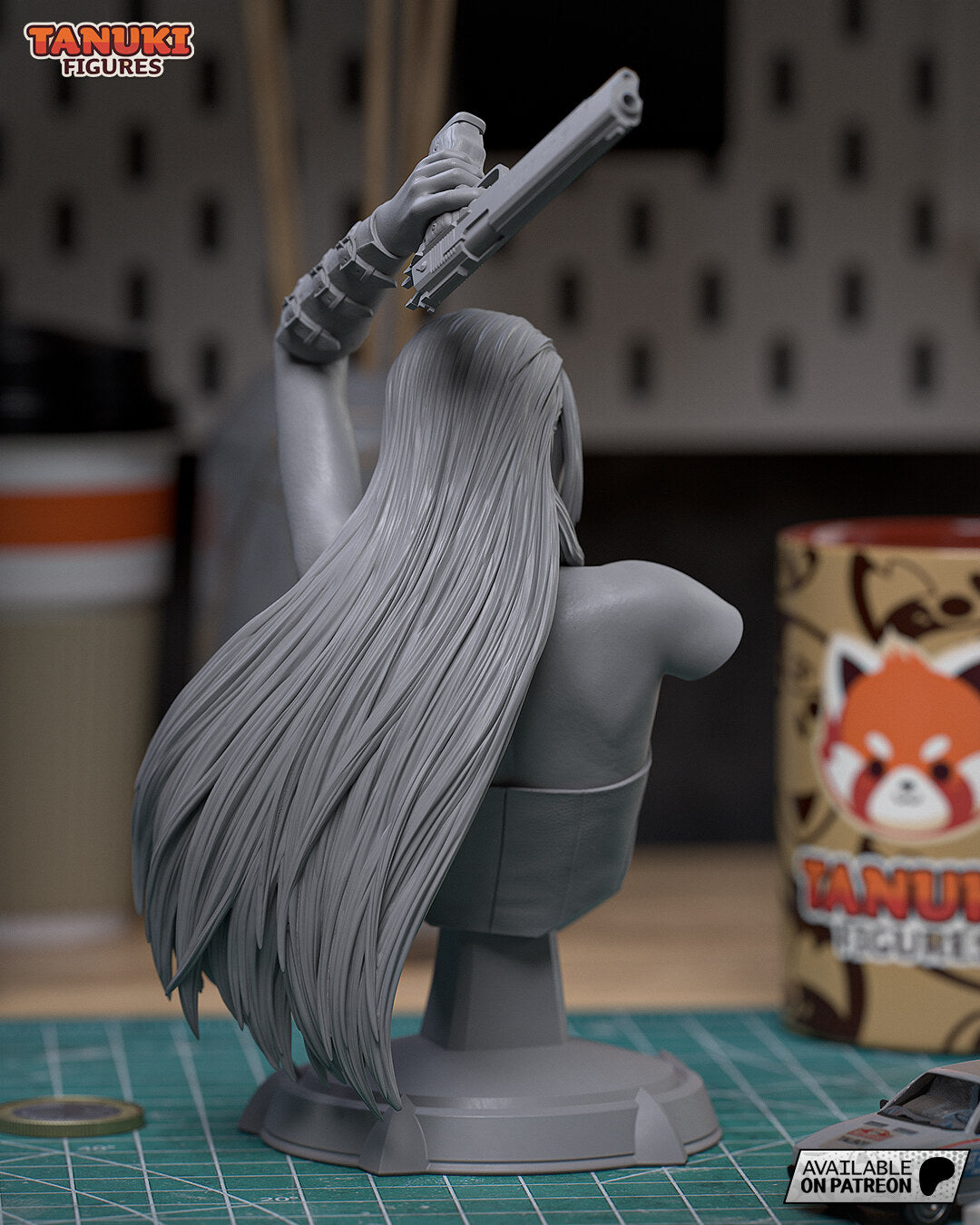 Sculptor's photo of their unpainted gray test print (kit ships unpainted): rear three-quarter view showing the corset back, the faceted column and the hair hanging beside it