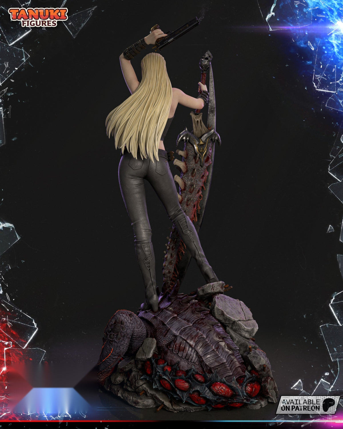 Sculptor's render of the painted design (kit ships unpainted): full rear view of the blonde demon hunter on the slain demon, pistol raised overhead and the giant crescent sword planted beside her