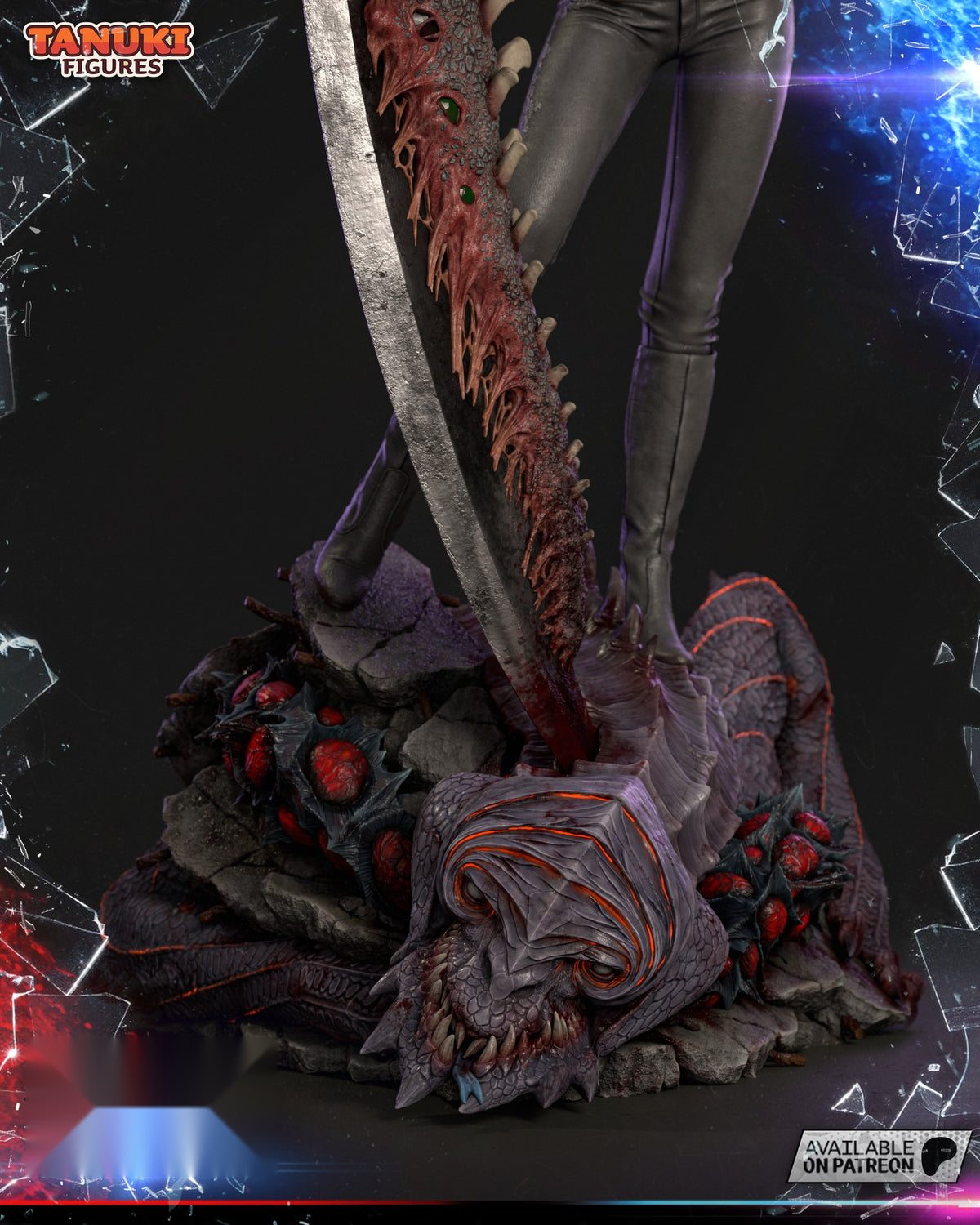 Sculptor's render (kit ships unpainted): the sword tip driven into the plated demon head at the front of the base, with red pods along the demon's flank