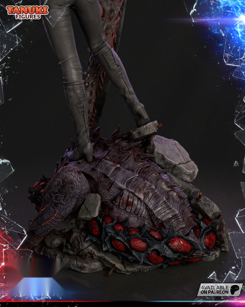 Sculptor's render (kit ships unpainted): the heeled boots planted on the demon's spined hide and broken concrete