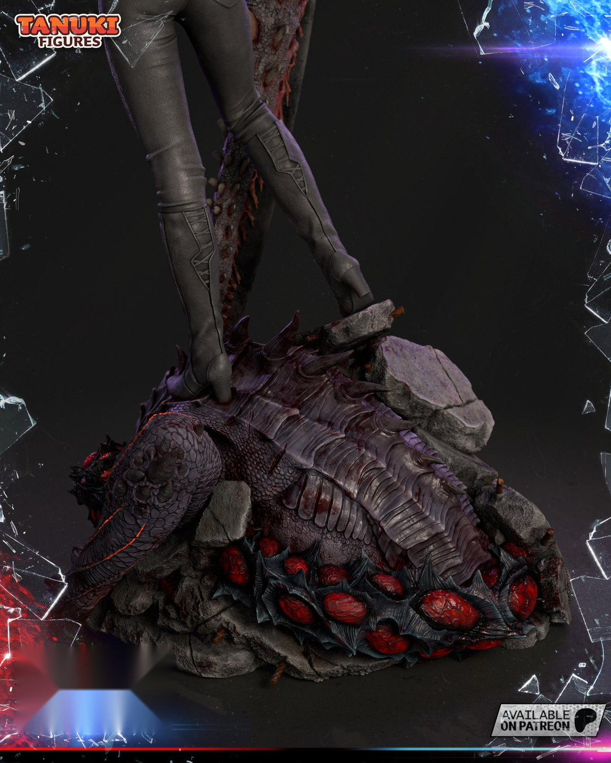 Sculptor's render (kit ships unpainted): the heeled boots planted on the demon's spined hide and broken concrete