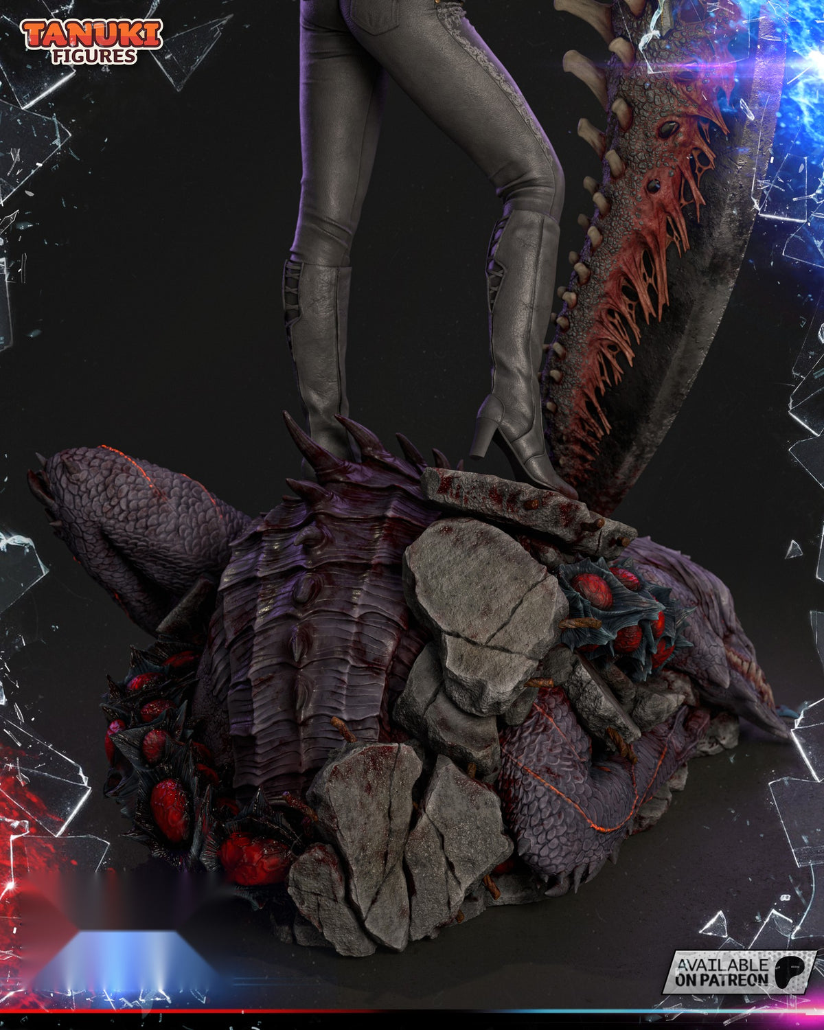Sculptor's render (kit ships unpainted): side of the base with broken concrete slabs piled against the demon's scaled body