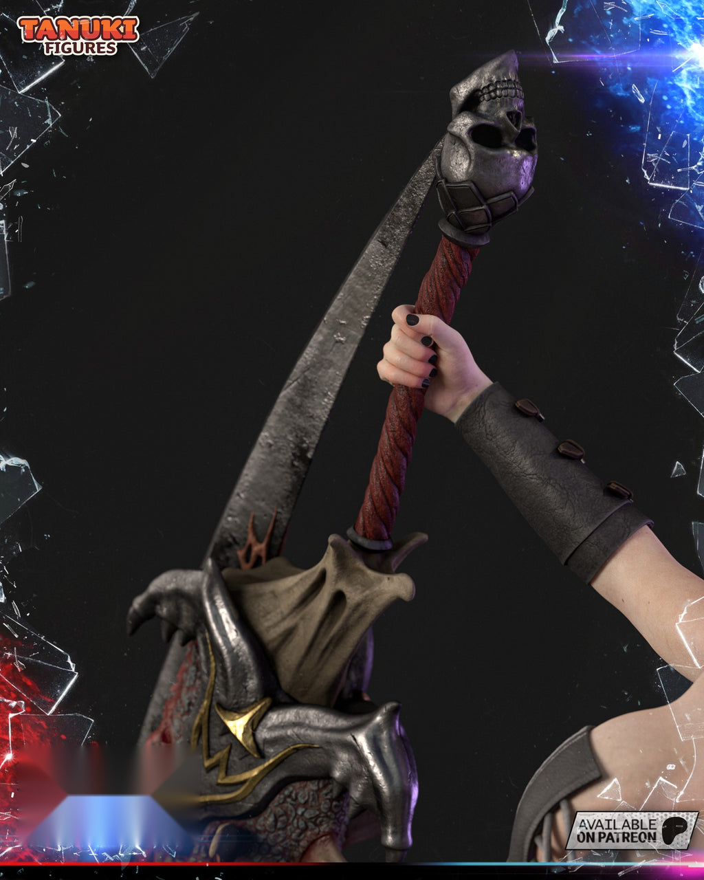 Sculptor's render (kit ships unpainted): close-up of the sword hand on the twisted grip, with the skull pommel and clawed guard