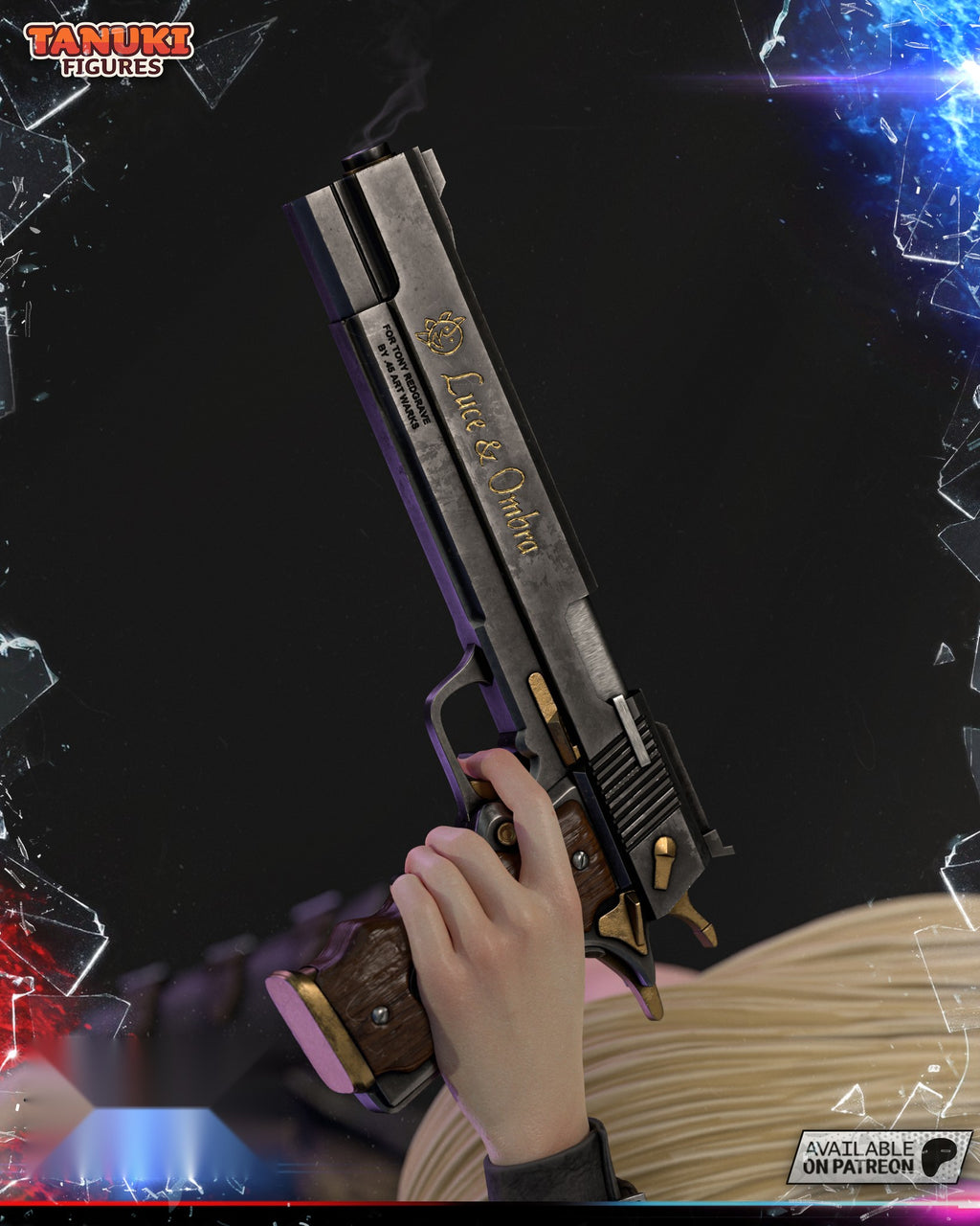 Sculptor's render (kit ships unpainted): close-up of the long engraved pistol held upright