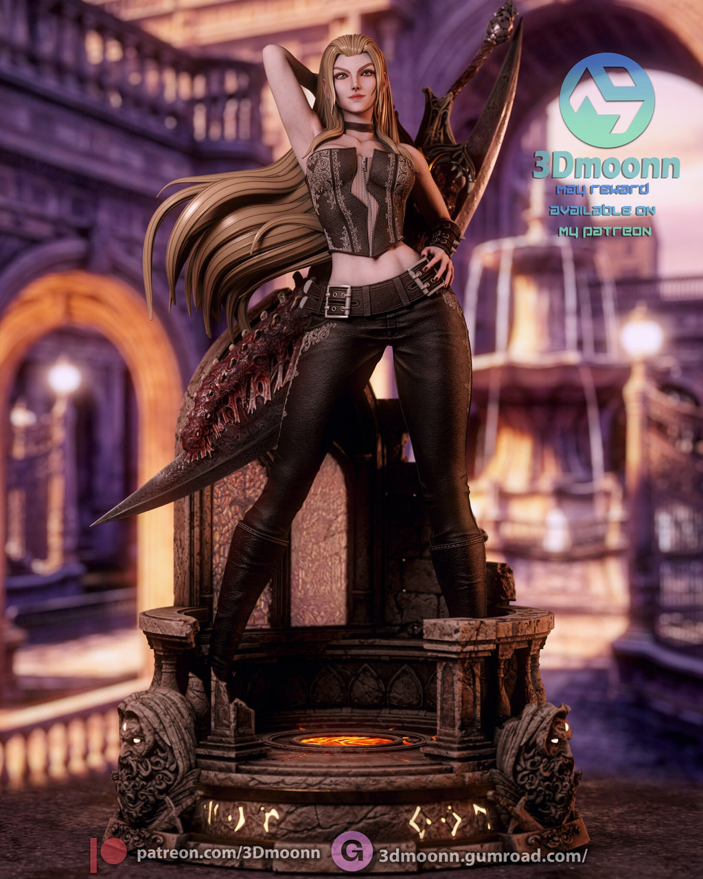 Sculptor's render of the painted design (kit ships unpainted): front full view of the blonde demon hunter with one arm behind her head, the curved demon sword behind her, on the round stone base