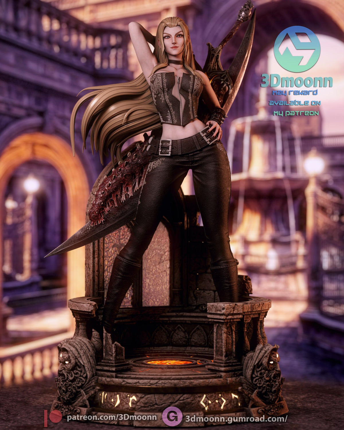 Sculptor's render of the painted design (kit ships unpainted): front full view of the blonde demon hunter with one arm behind her head, the curved demon sword behind her, on the round stone base