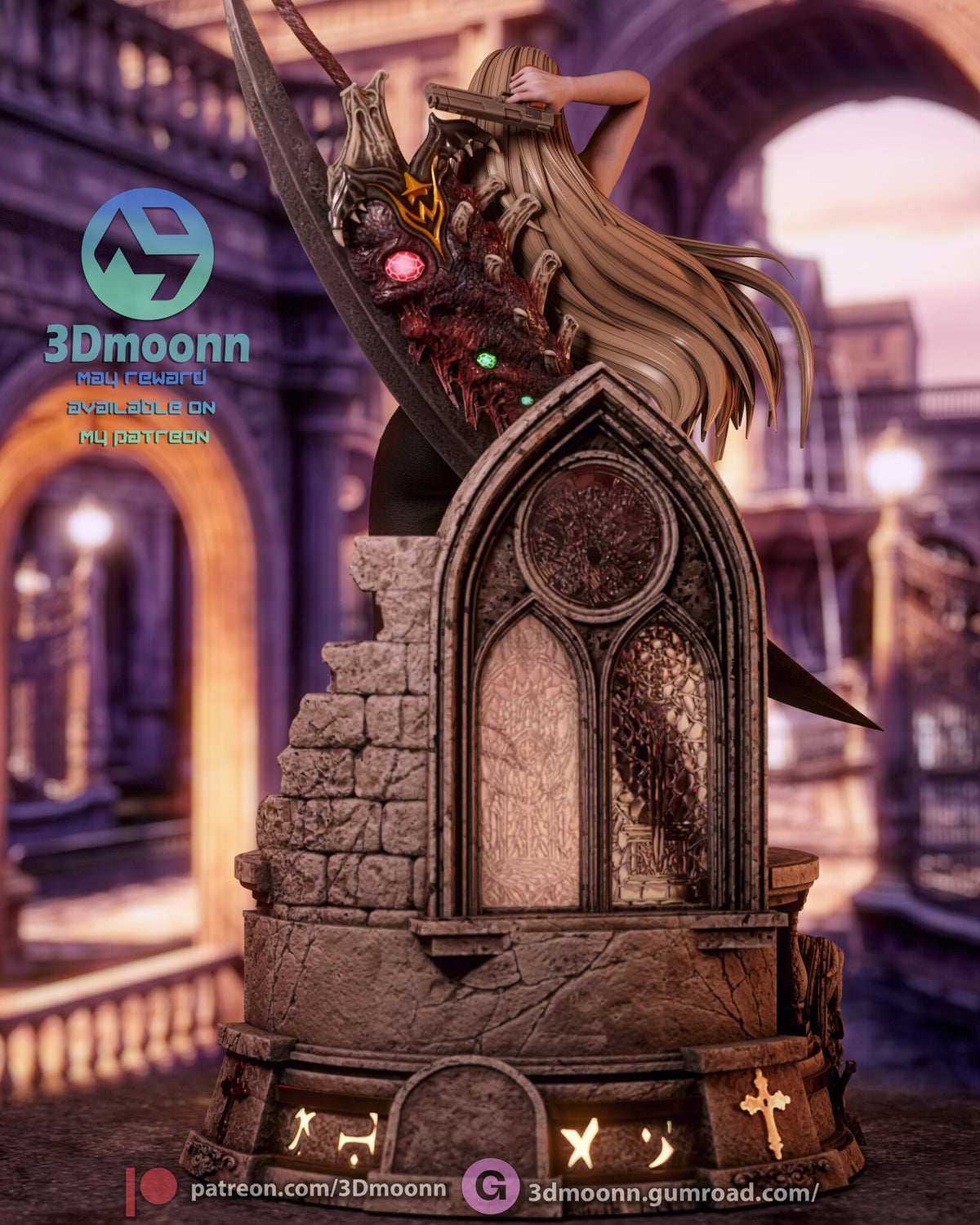 Sculptor's render (kit ships unpainted): rear view of the stained-glass arch, rubble wall, the back of the sword and the pistol in her raised hand