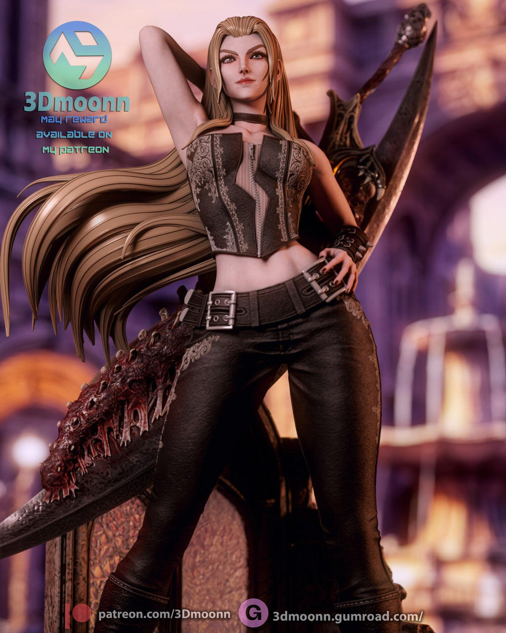 Sculptor's render (kit ships unpainted): low close-up of the corset, double belts and the teeth along the sword blade