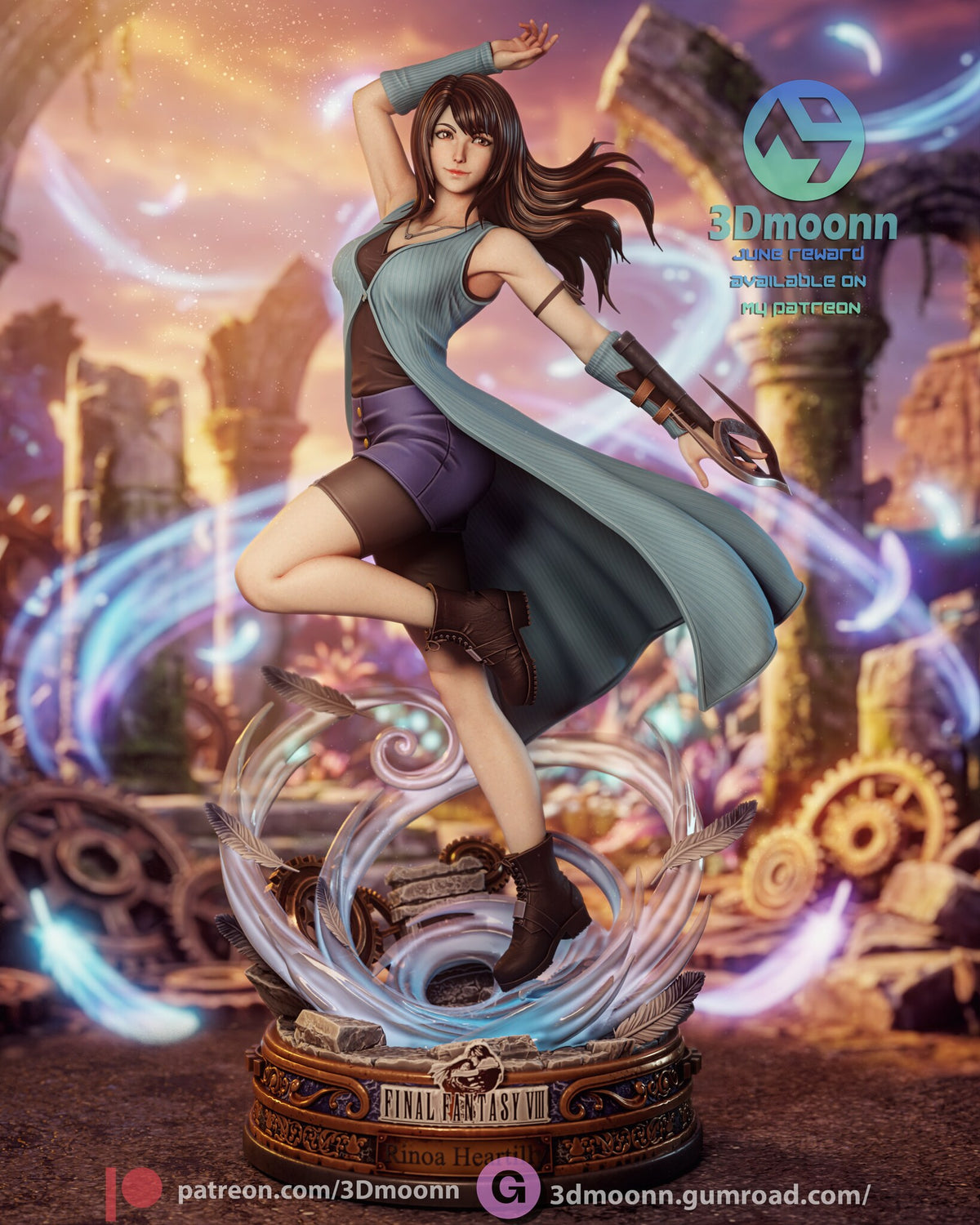 Sculptor's render of the painted design (kit ships unpainted): full front view of the figure leaping on one boot above a swirl of blue magic on the round bronze base