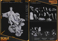 Studio scale and parts sheet (kit ships unpainted): the miniature standing in gray beside the 1:10 statue, labelled miniature 93 mm tall, 75 mm wide and 80 mm long, with the parts of each version laid out