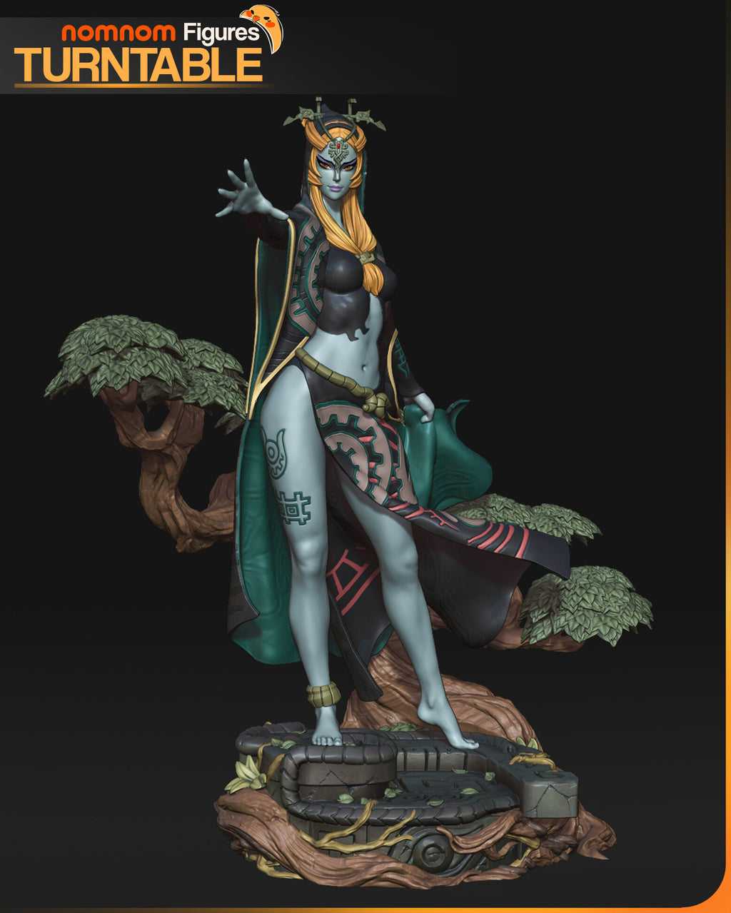 Sculptor's render of the painted design (kit ships unpainted): front view of the 1:10 statue, the hooded sorceress reaching out with one hand on a stone platform under a gnarled tree