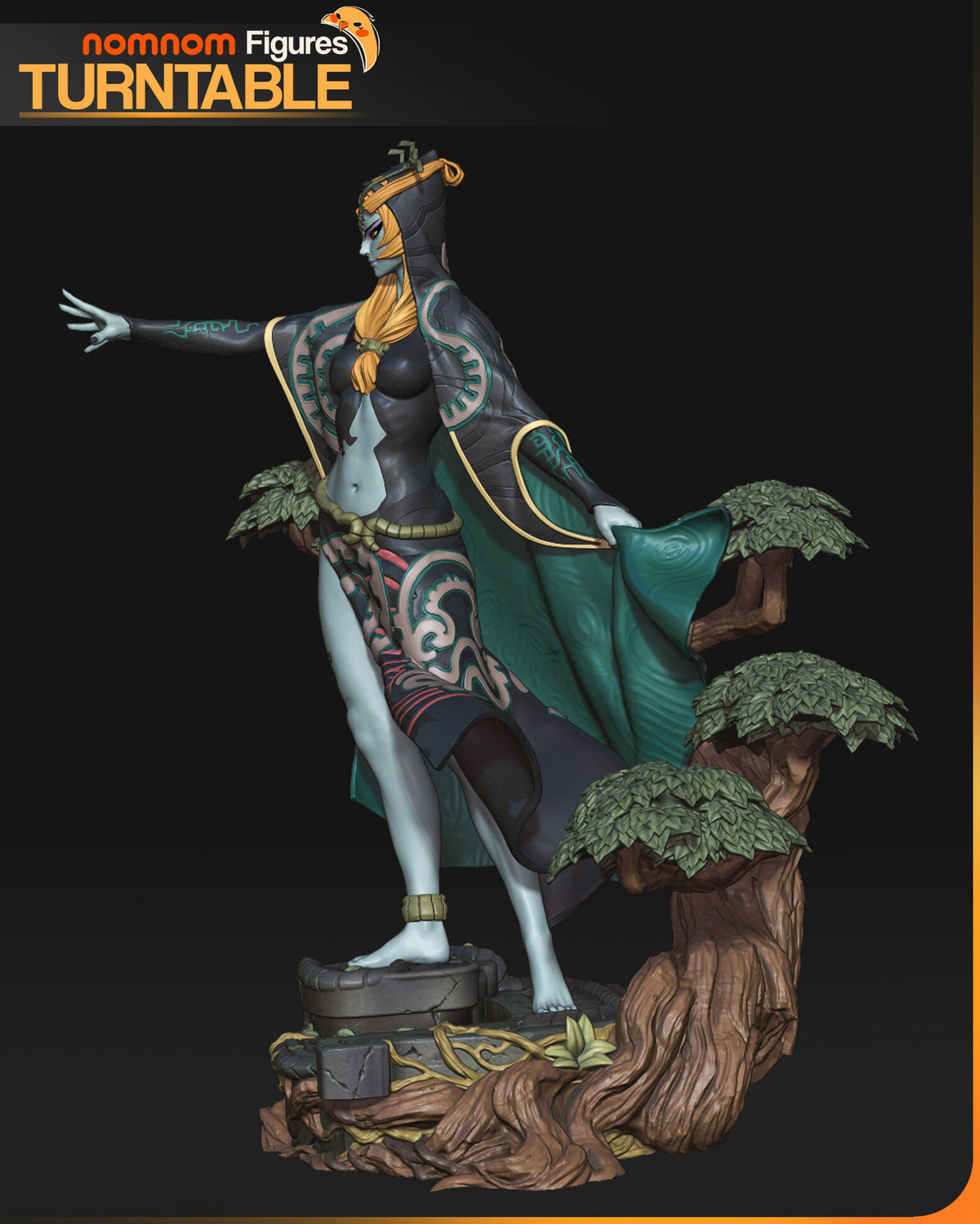 Sculptor's render (kit ships unpainted): side view along the outstretched arm, the teal cloak lining pulled out to the side