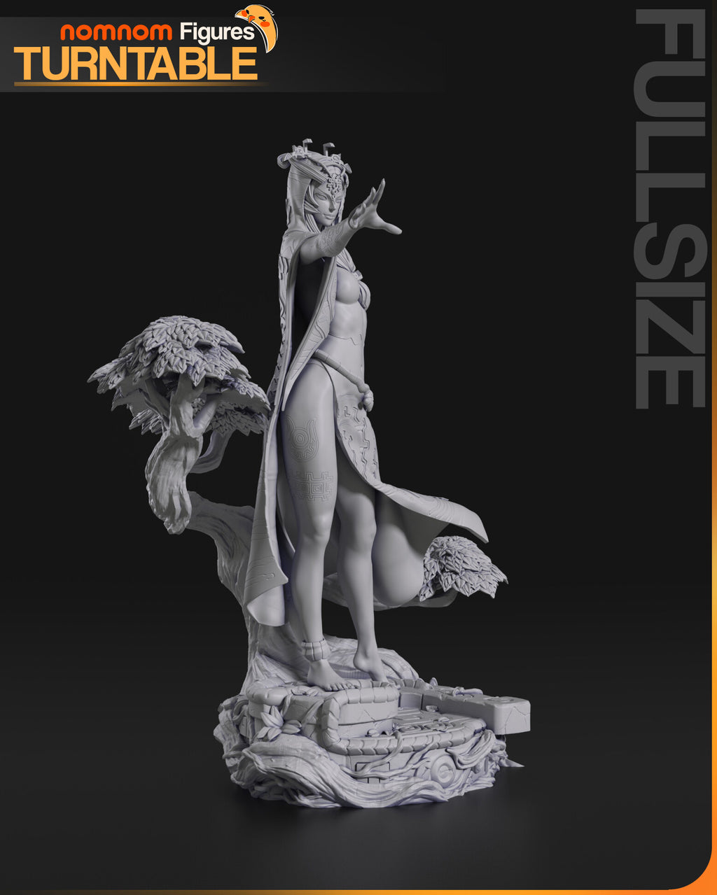 Sculptor's render (kit ships unpainted): gray three-quarter view with the tree canopies behind her