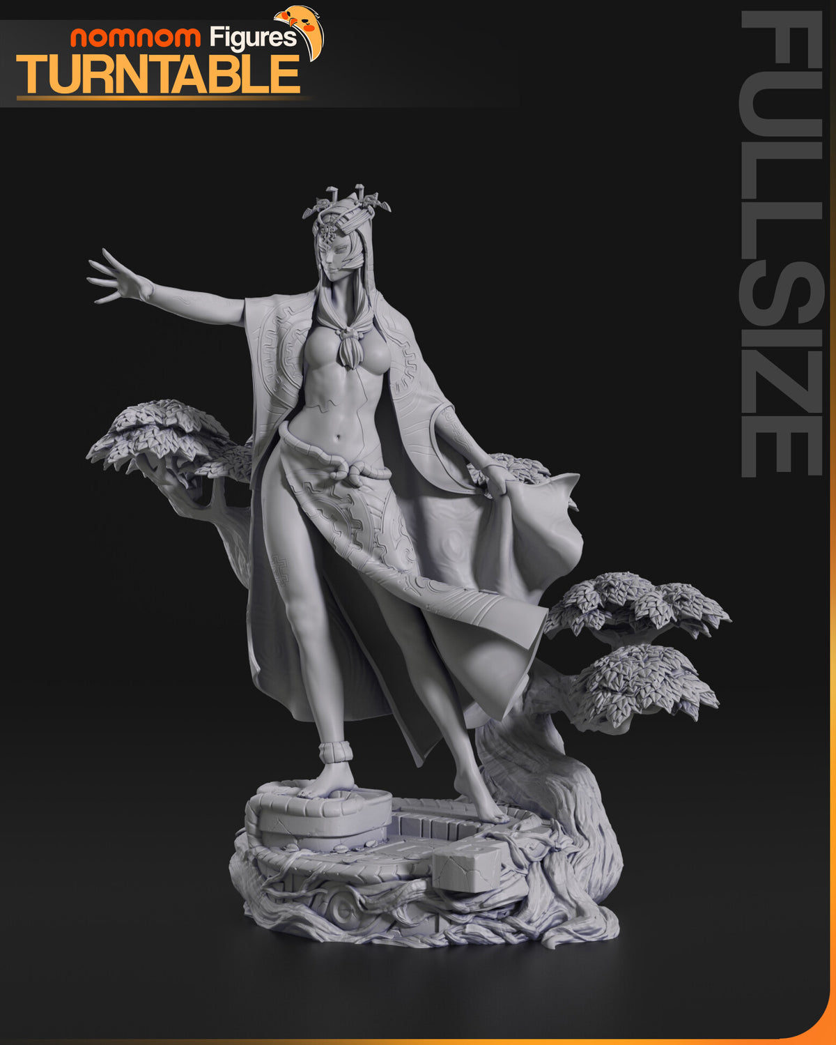 Sculptor's render (kit ships unpainted): gray view from her right, the reaching arm and the pattern work on the cloak
