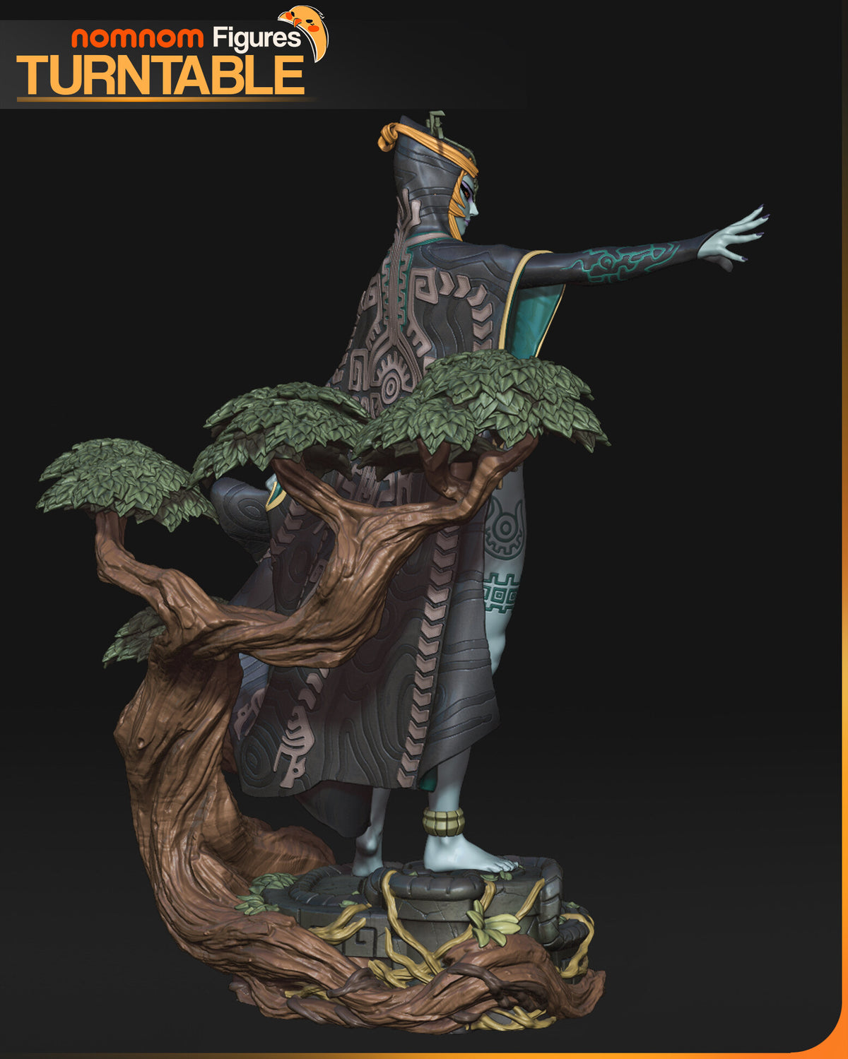 Sculptor's render (kit ships unpainted): rear three-quarter view of the patterned cloak, the reaching arm and the gnarled tree