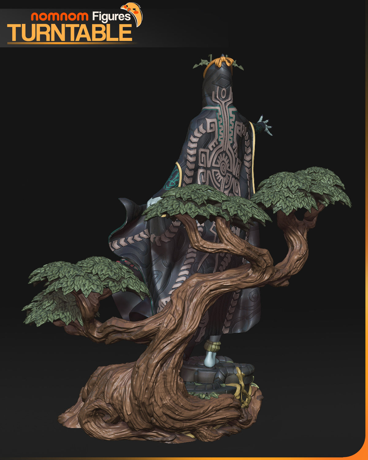 Sculptor's render (kit ships unpainted): rear view of the cloak's large back pattern behind the tree trunk