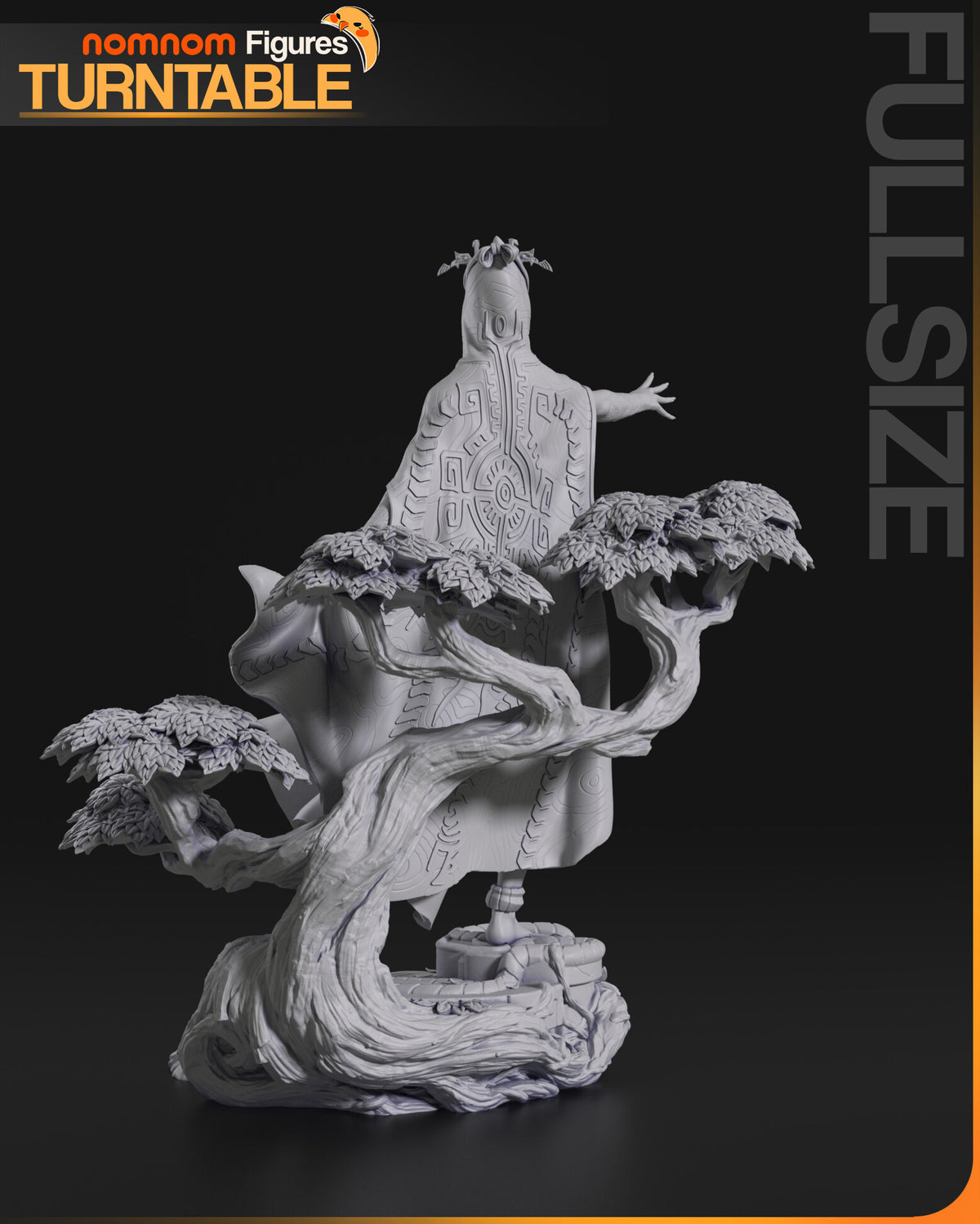 Sculptor's render (kit ships unpainted): gray rear view of the cloak and the twisting tree trunk