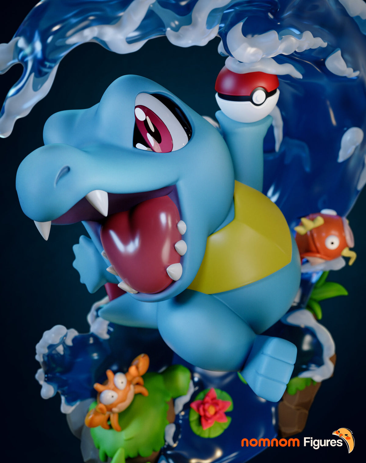 Sculptor's render (kit ships unpainted): closer painted view from below of the wide-open jaws, red tongue and fangs, with the wave curling behind